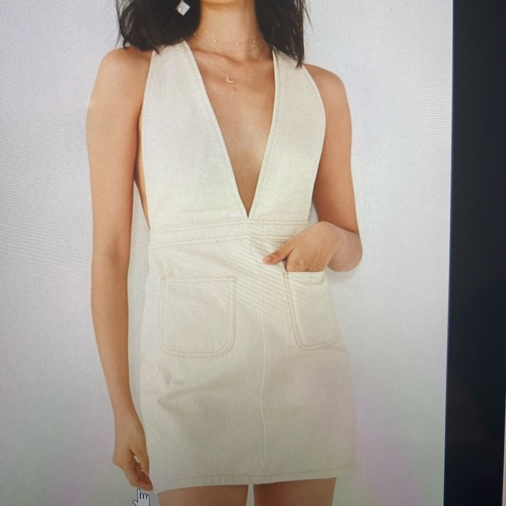 UO BDG Plunge v neck denim mini dress - ivory